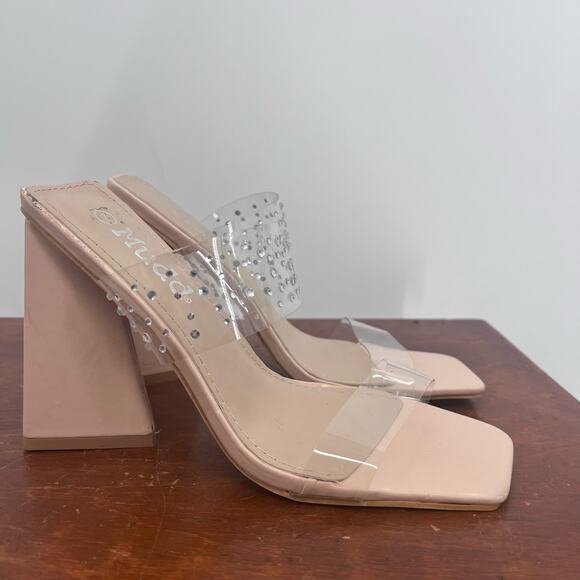 MUDD Y2K Clear Rhinestone Nude Clear Square Toe Chunky Heels Womens 7 - Picture 2 of 11